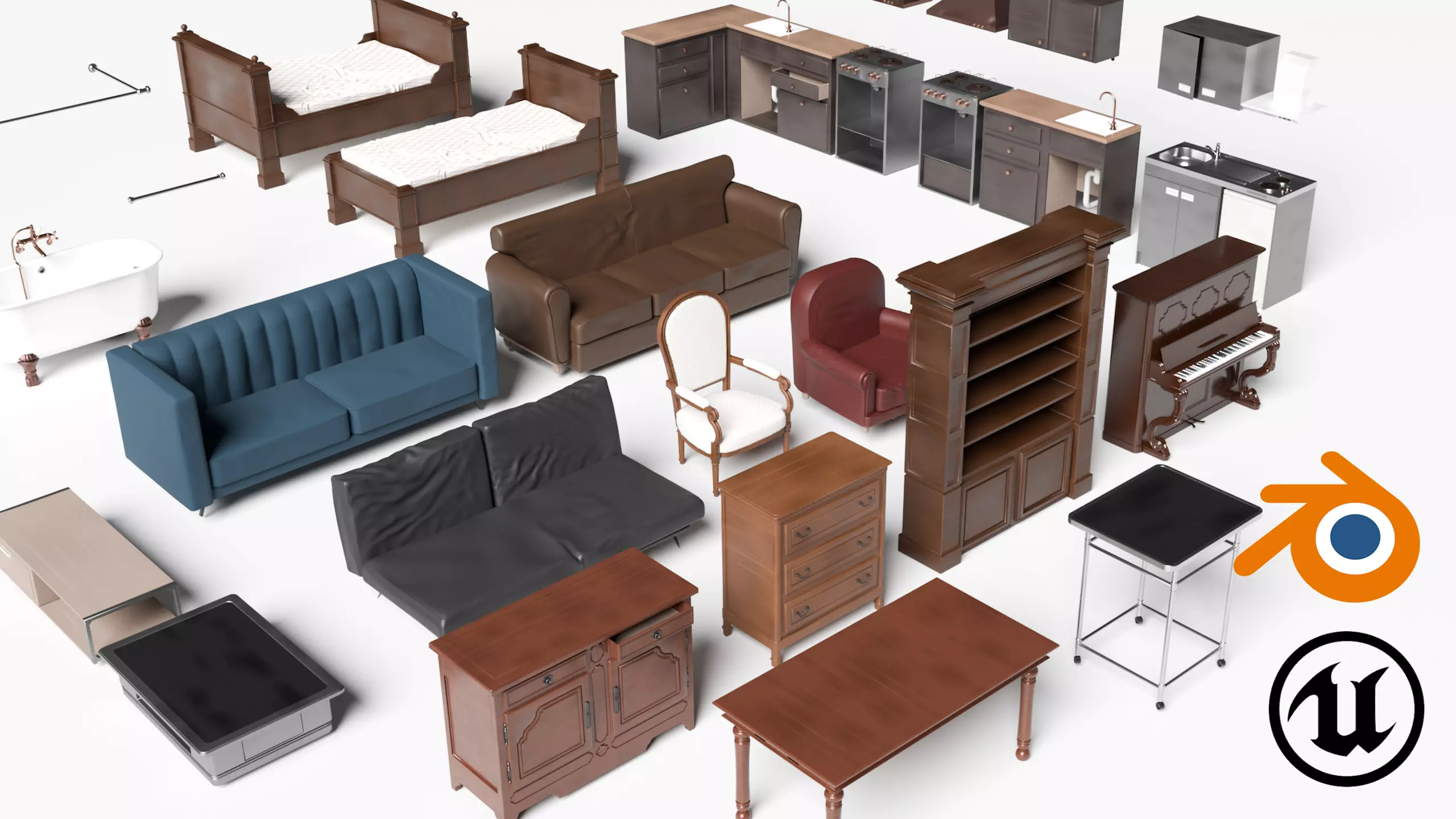 FURNITURES PACK - 20 Game Ready 3D Models - Blender UE5  Low-poly 3D model_0