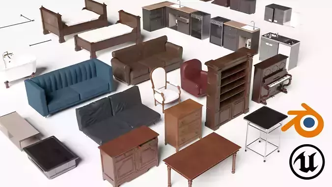 FURNITURES PACK - 20 Game Ready 3D Models - Blender UE5 
