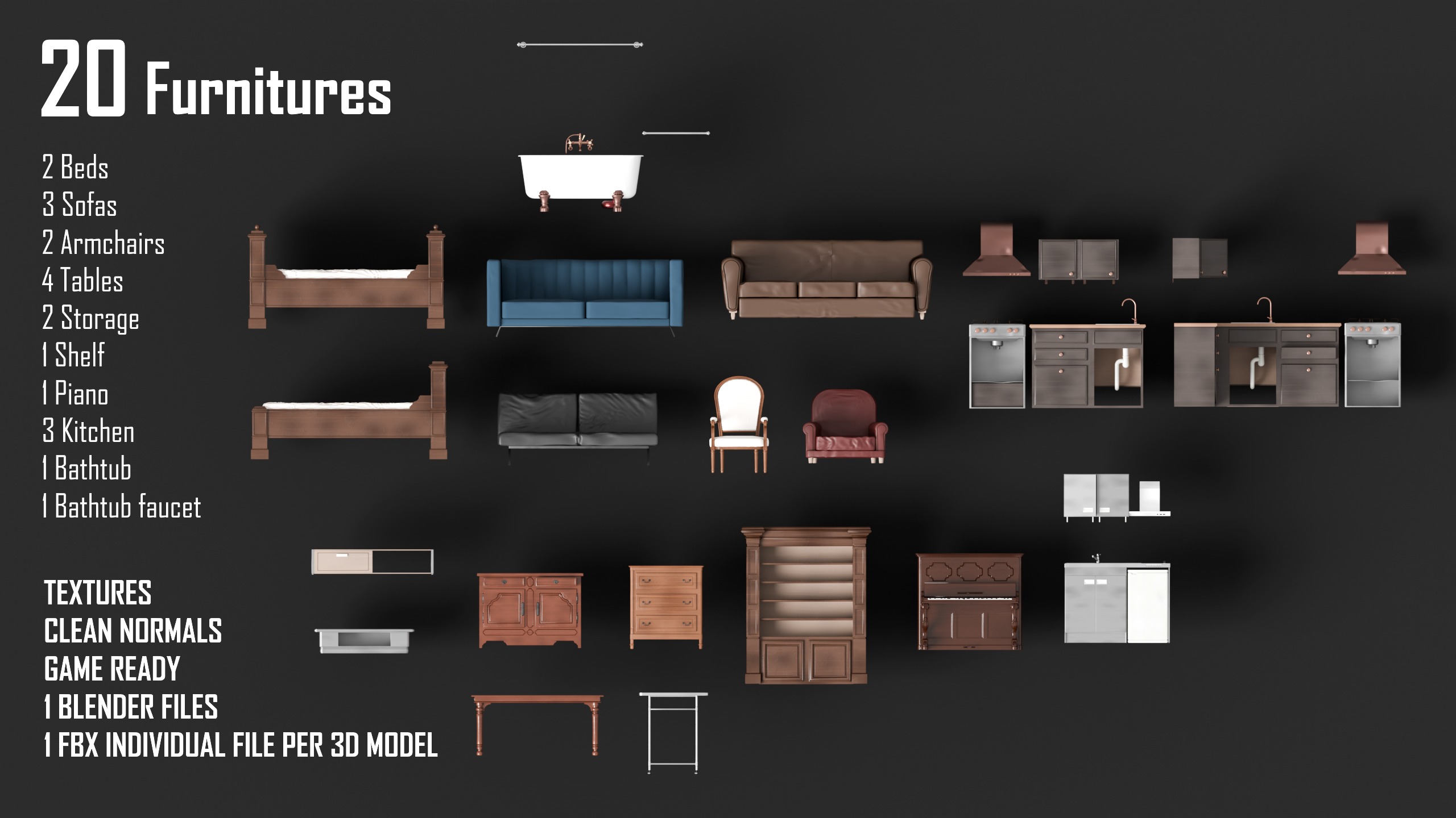 FURNITURES PACK - 20 Game Ready 3D Models - Blender UE5  Low-poly 3D model_1
