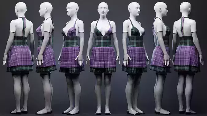 Pleated Dress w Mesh Gloves and Thigh-High Socks Fitted to Gen8 3D model