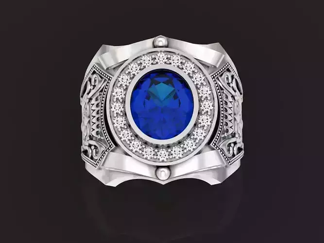 mens signet ring large with oval stone and pattern 1411