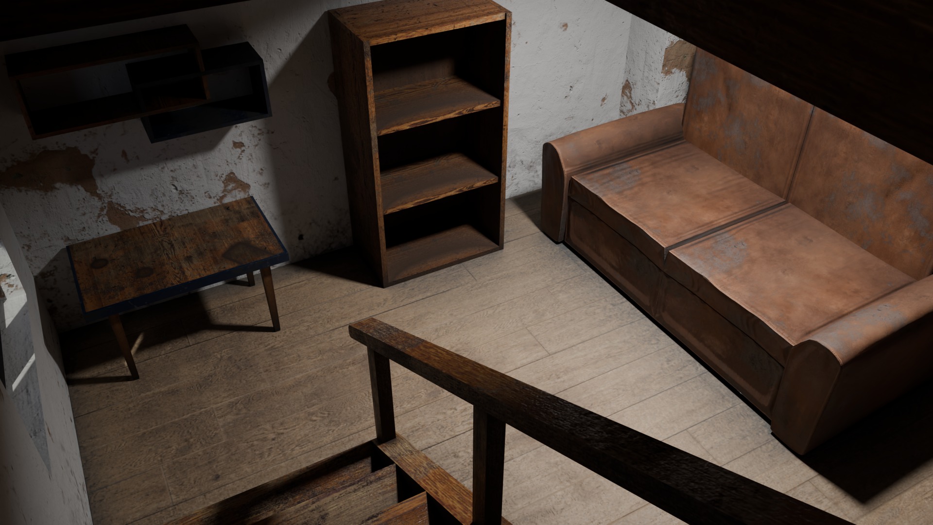 Orange House with interior and simple furniture Low-poly 3D model_6