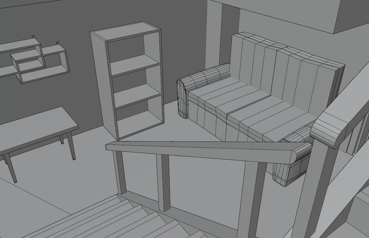 Orange House with interior and simple furniture Low-poly 3D model_14