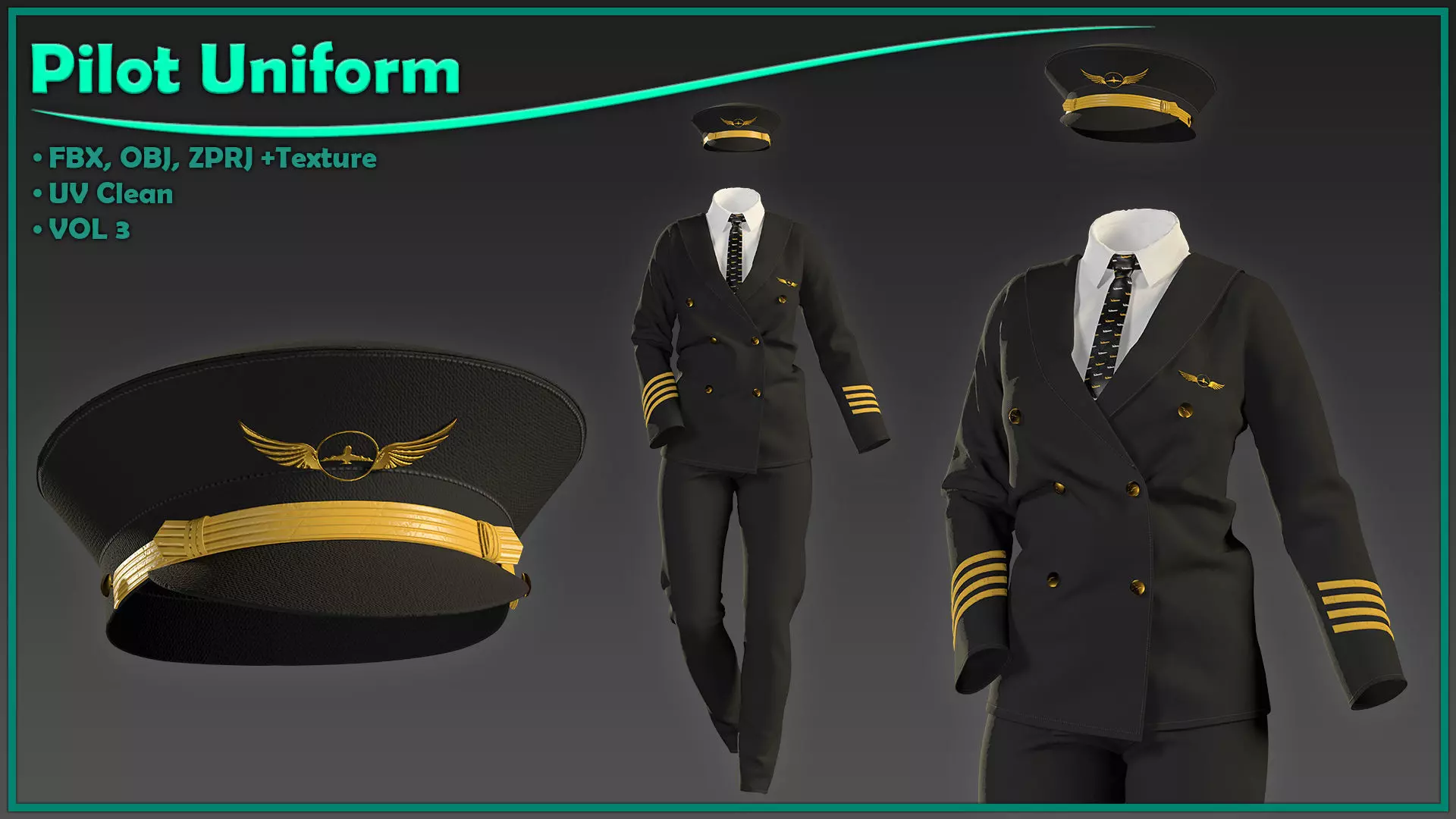female pilot uniform with texture 3D model_0