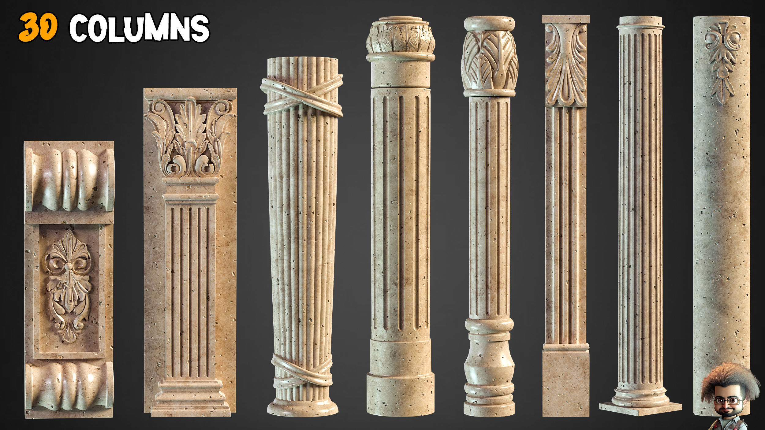 30 Columns  33 Ornaments Alpha Brush and Video Tutorials  Vol 5 Low-poly 3D model_4