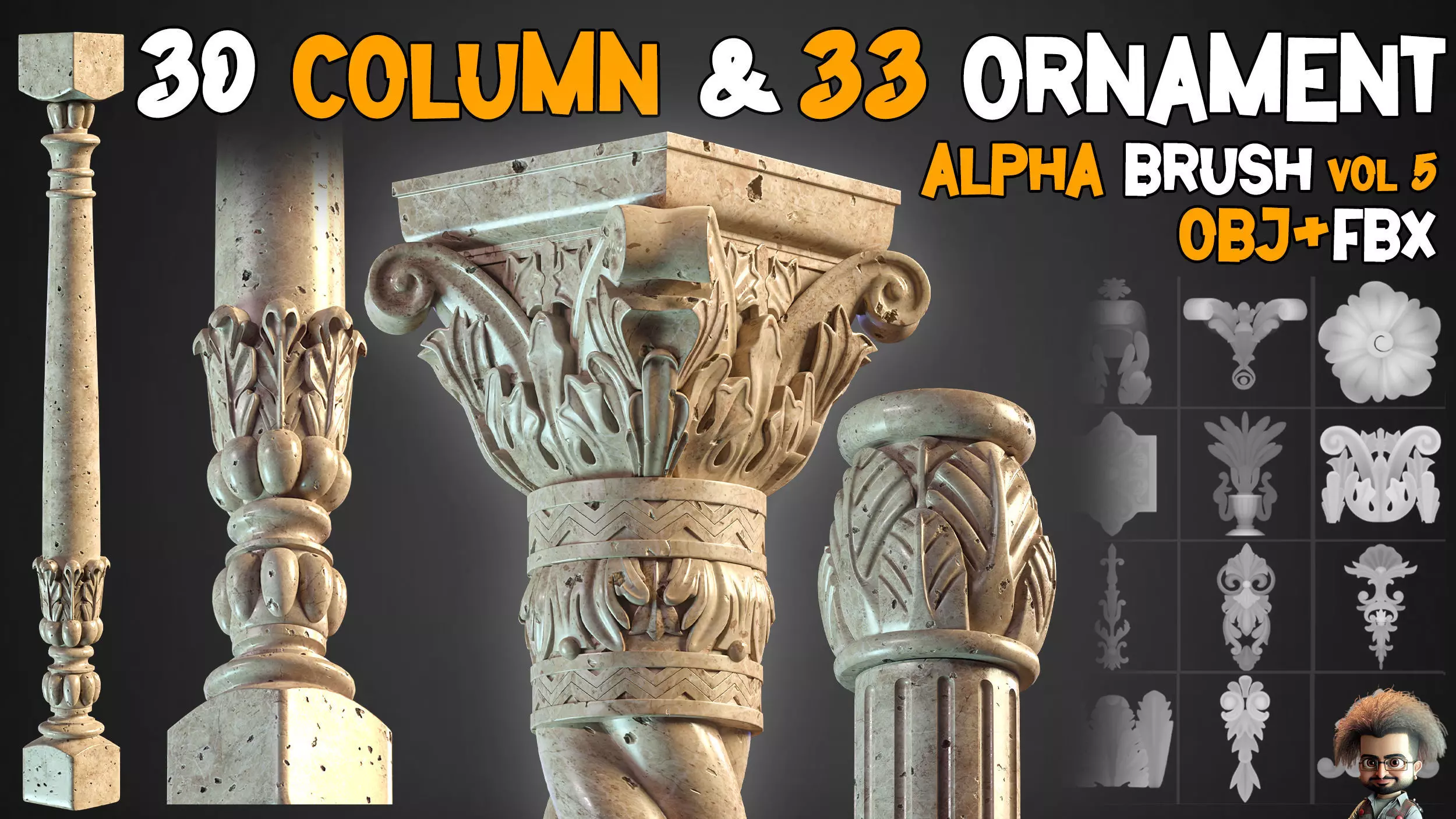 30 Columns  33 Ornaments Alpha Brush and Video Tutorials  Vol 5 Low-poly 3D model_0