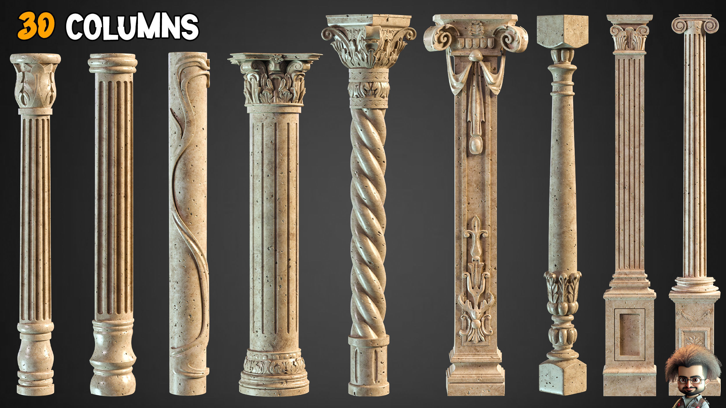 30 Columns  33 Ornaments Alpha Brush and Video Tutorials  Vol 5 Low-poly 3D model_3