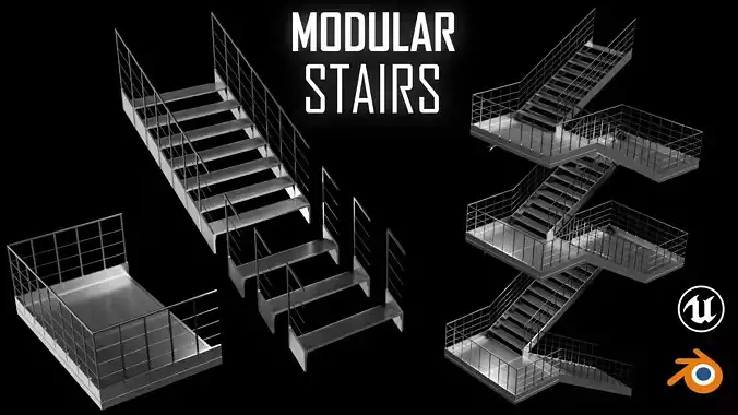 Modular Steel Stairs Kitbash - Game and Render Ready