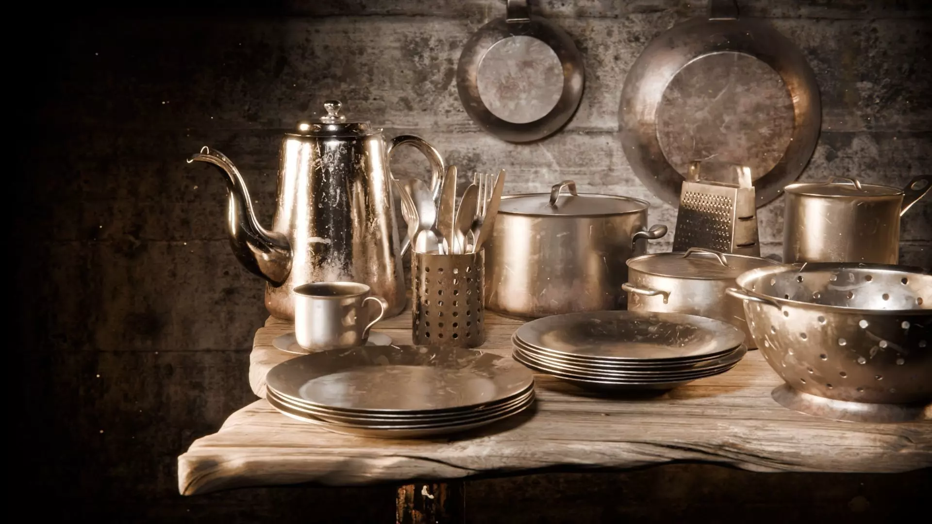 Dirty Steel Kitchen Dishes - 17 pieces 3D model