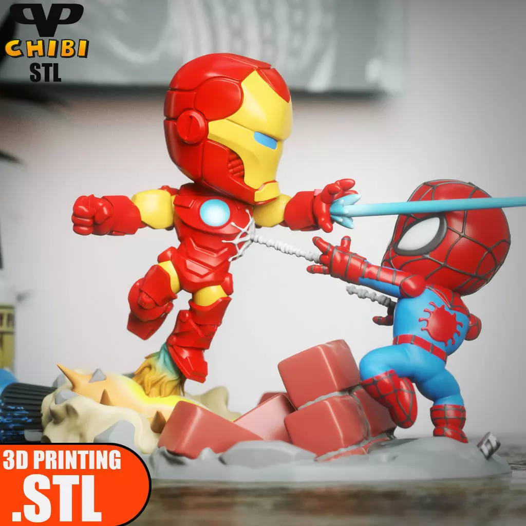 Iron Man vs Spider-Man Chibi STL for 3D Printing ChibiSTL 3DXM 3D print model_0