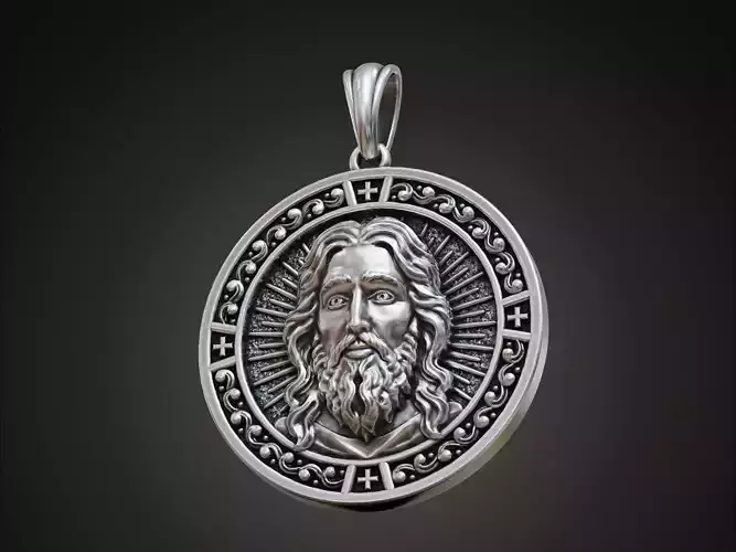 Jesus Christ Face Round Pendant with Christogram