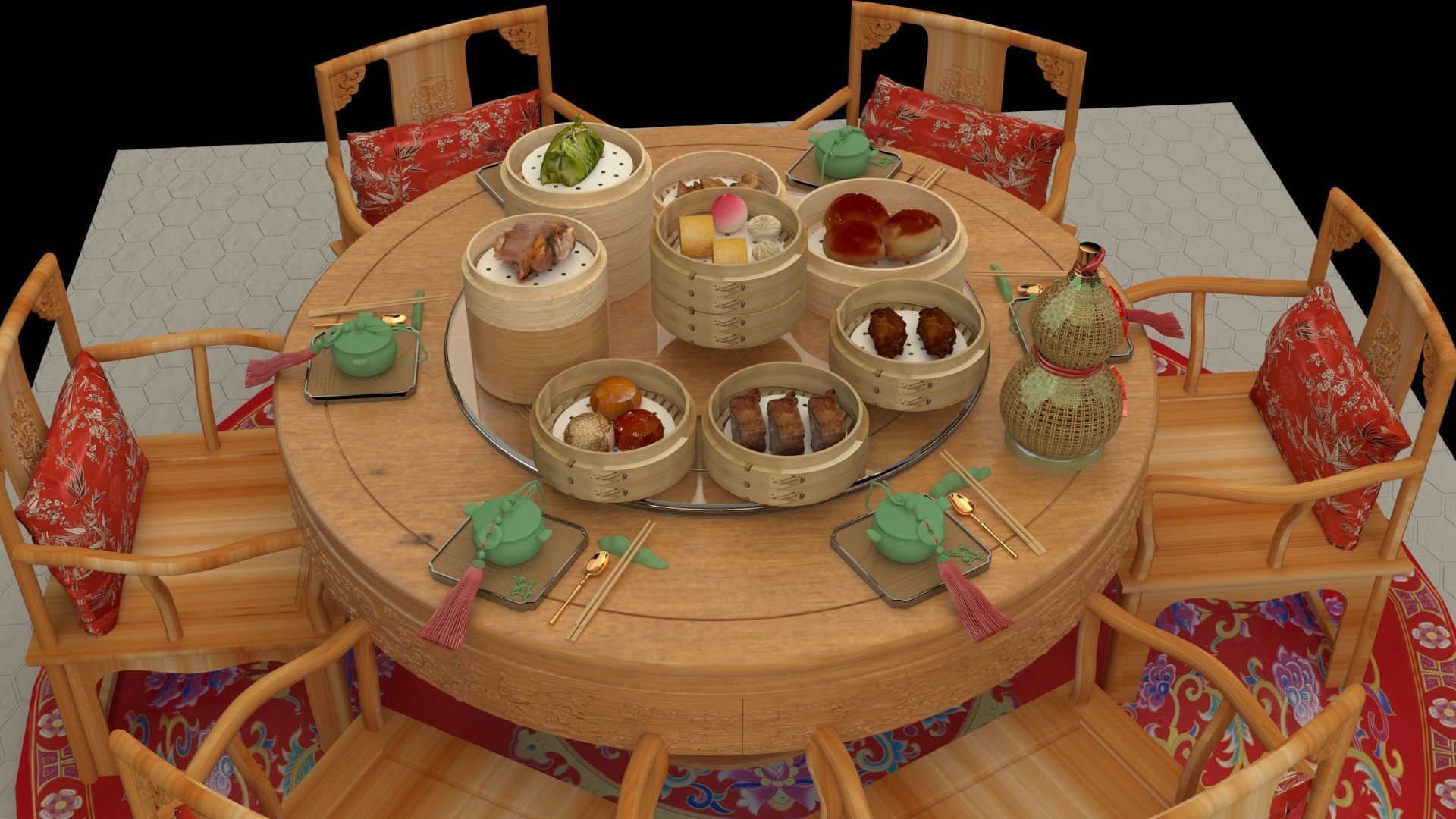 Chinese dim sum table  3D model_4