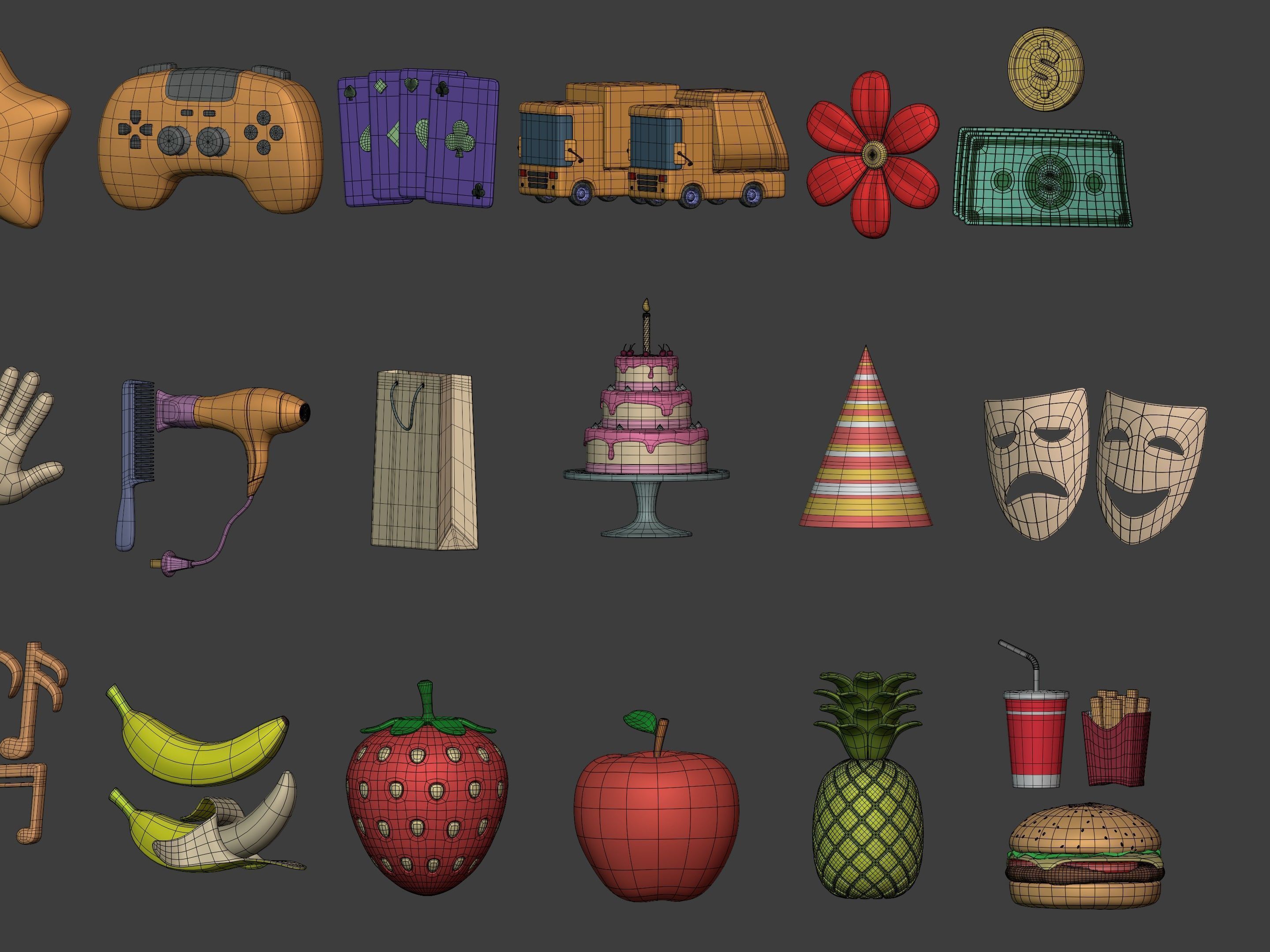 Cartoon Icons Mega Pack --- Sport Smiley Business Vehicle Food Low-poly 3D model_11