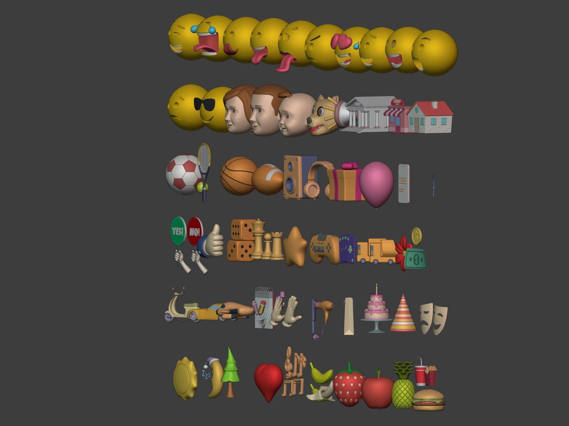 Cartoon Icons Mega Pack --- Sport Smiley Business Vehicle Food Low-poly 3D model_3