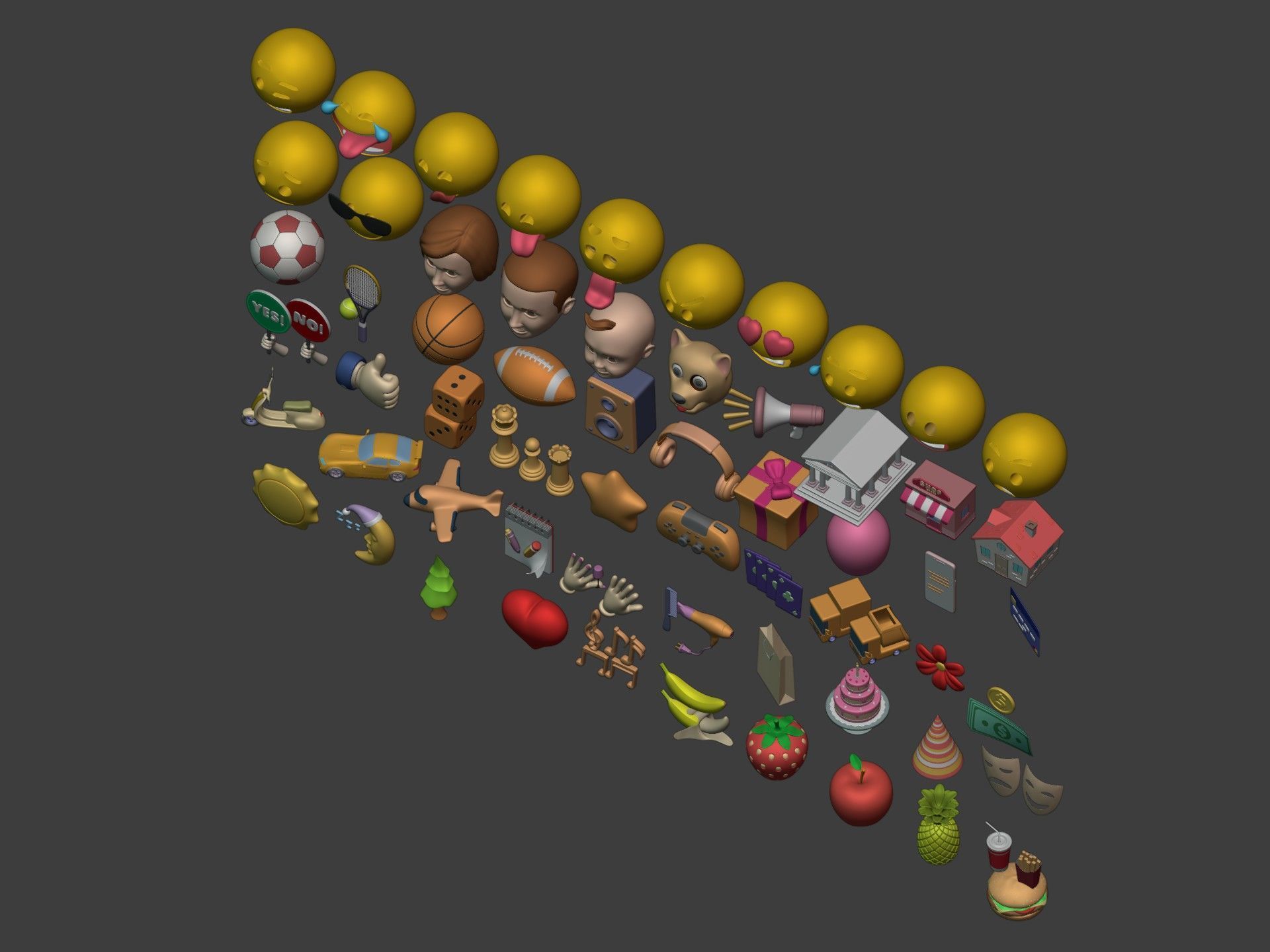 Cartoon Icons Mega Pack --- Sport Smiley Business Vehicle Food Low-poly 3D model_4