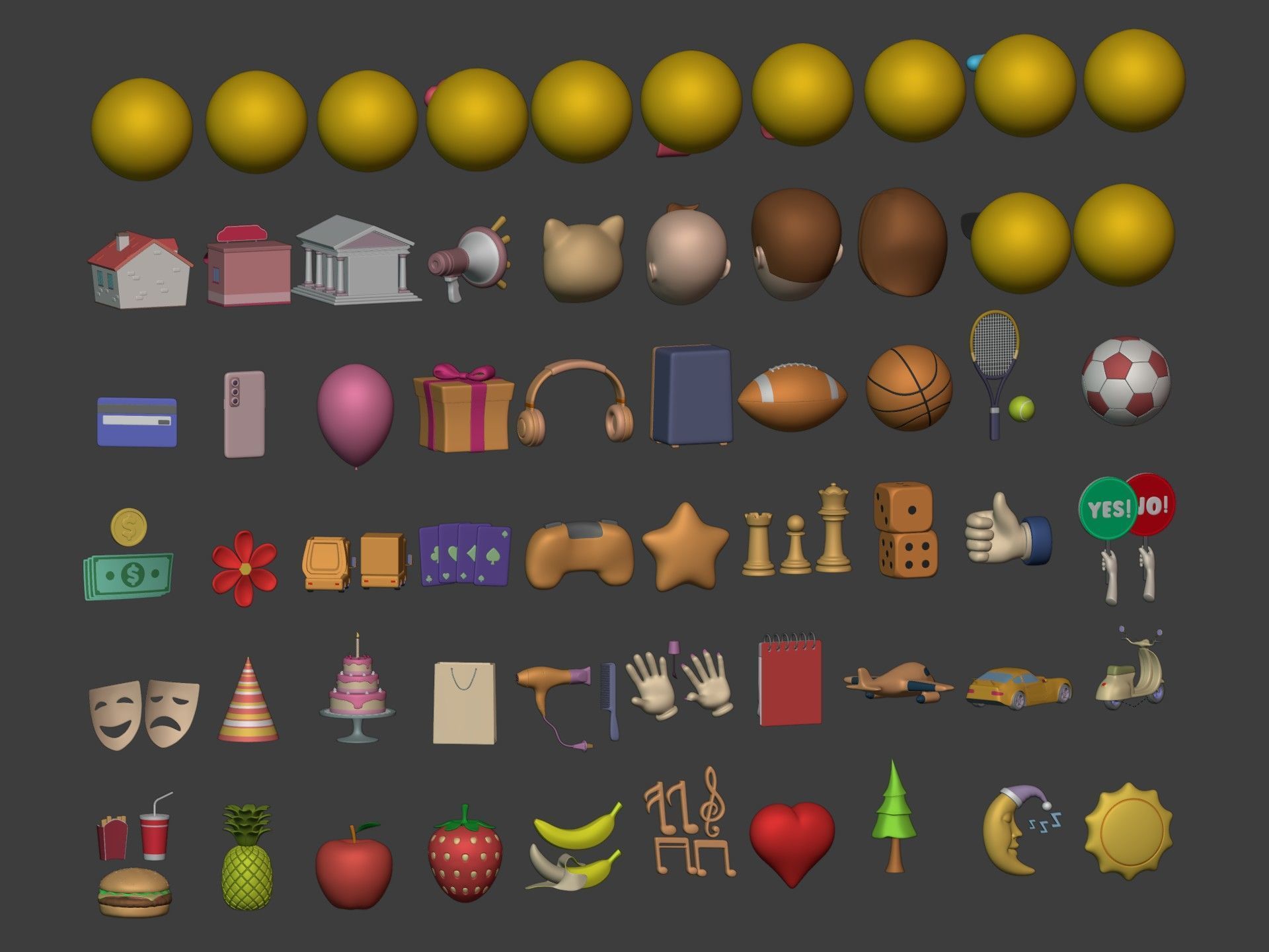 Cartoon Icons Mega Pack --- Sport Smiley Business Vehicle Food Low-poly 3D model_5