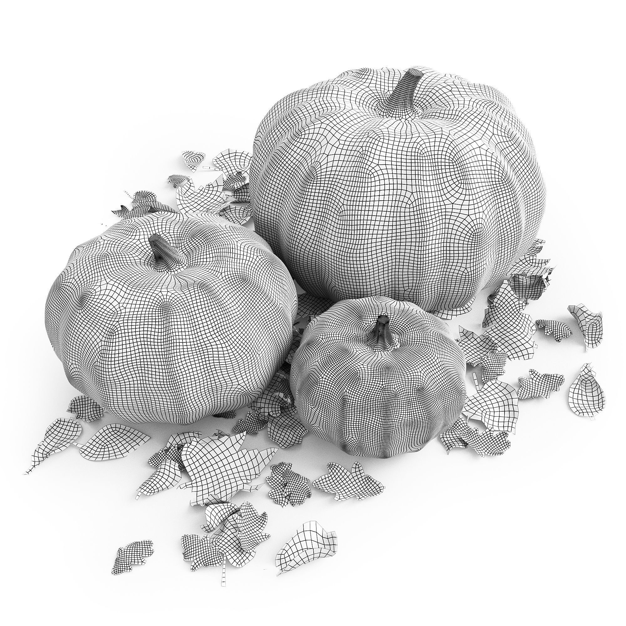 Set of pumpkins with leaves 3D model_4