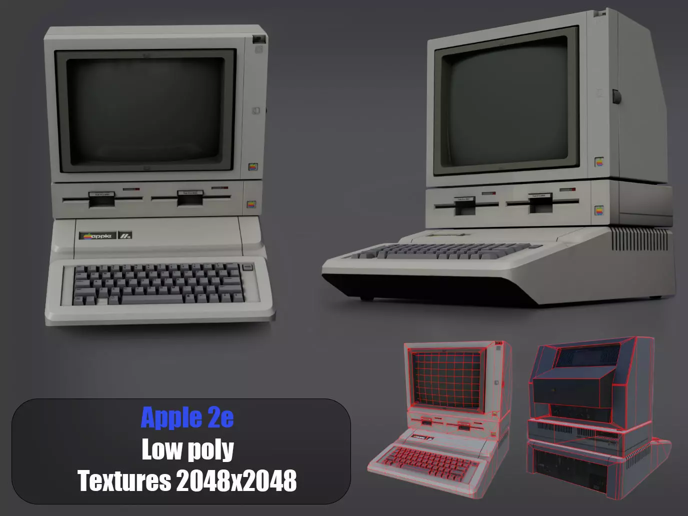 Apple 2e computer PBR Game-Ready Low-poly 3D model
