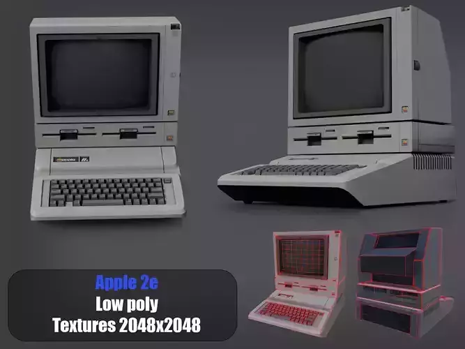 Apple 2e computer PBR Game-Ready Low-poly 3D model