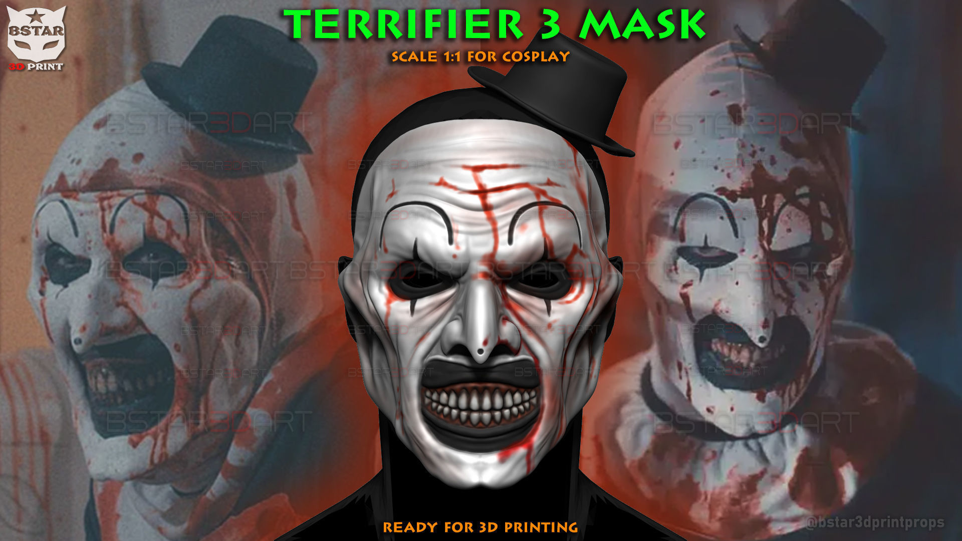 Art The Clown mask - Terrifier 3 Cosplay For Halloween 3D print model_1