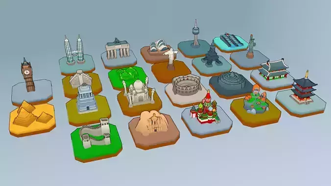 Cartoon World Landmarks Low Poly