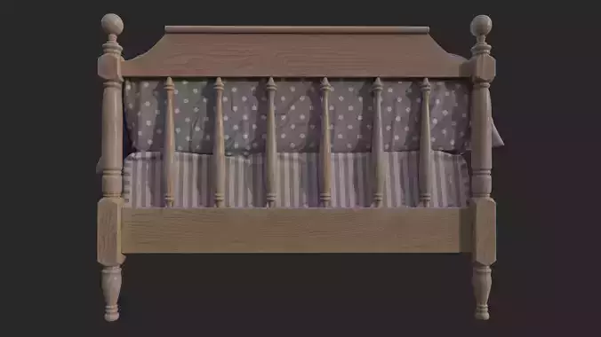 Photorealistic Wooden Childrens Bed with Cushions and Quilt