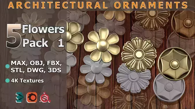 5 Flowers Ornamental Pack Quad Mesh 4K PBR textures Vol-01 3D model