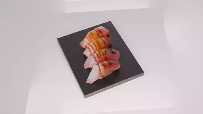 Sushi special Salmon and Tuna nigiri with teriyaki mango sauce 3D model