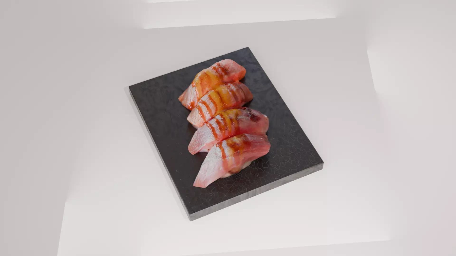 Sushi special Salmon and Tuna nigiri with teriyaki mango sauce 3D model_0