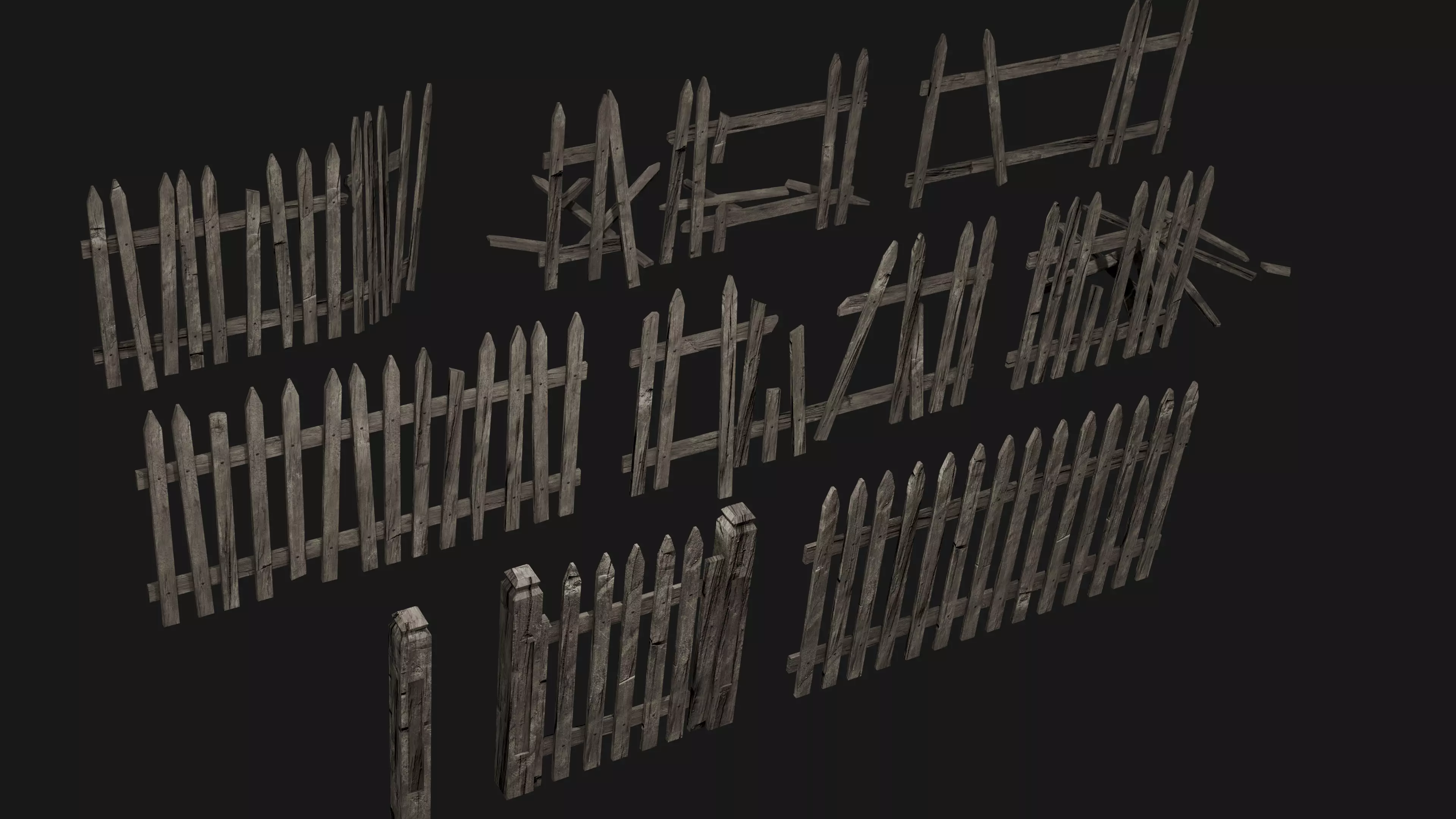 Old Wooden Fence Modular Low-poly 3D model_0