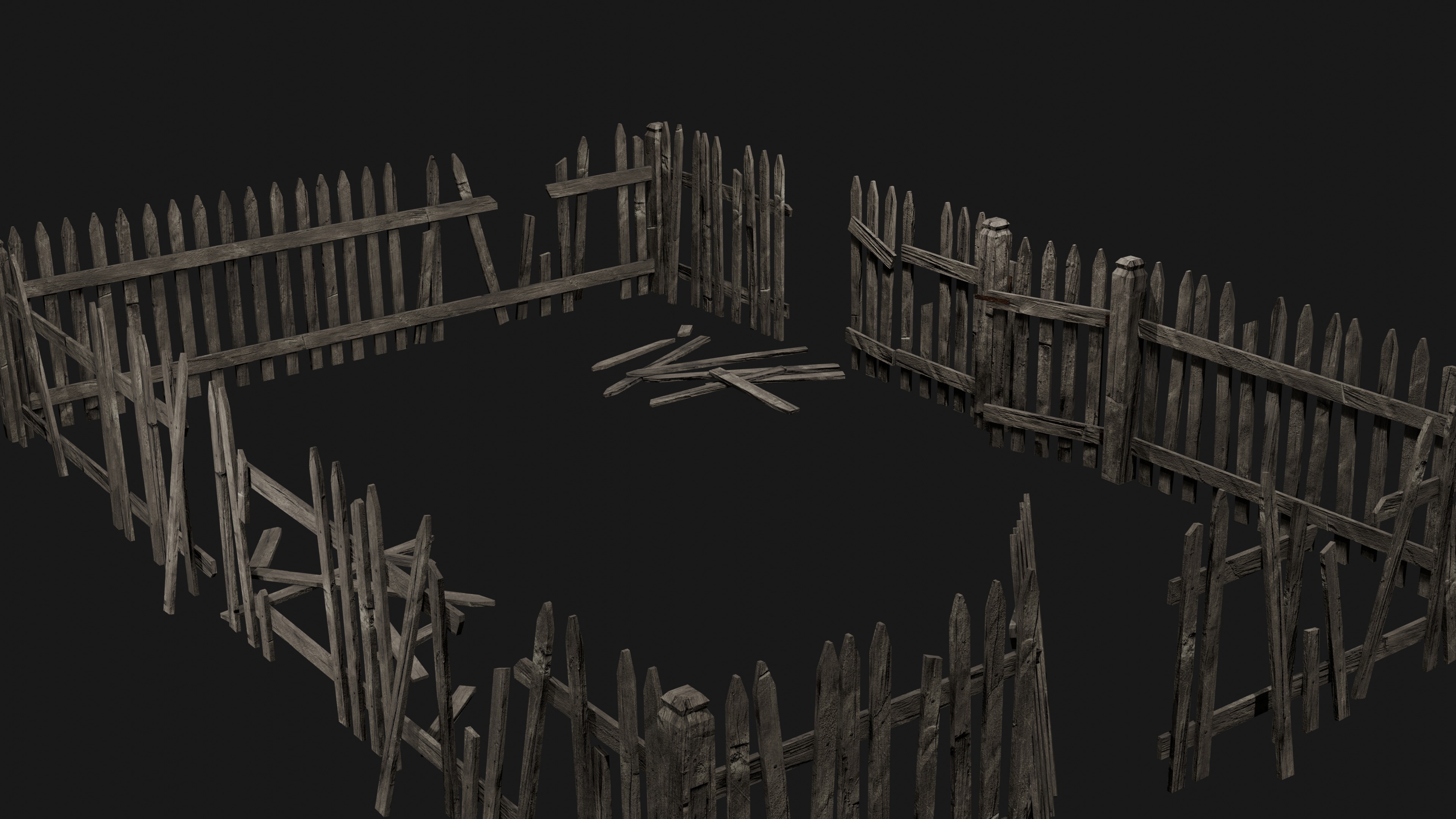 Old Wooden Fence Modular Low-poly 3D model_5