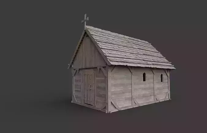 Enterable medieval wooden chapel Low-poly 3D model