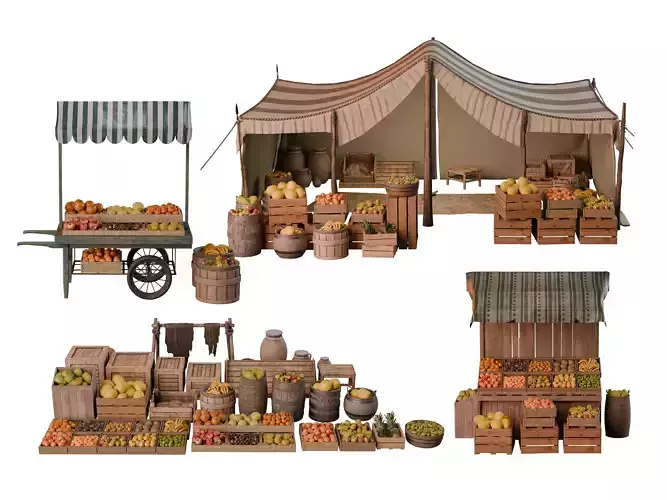  Medieval Fruit Market  Model Set of Stalls and Fruits Low-poly 3D model