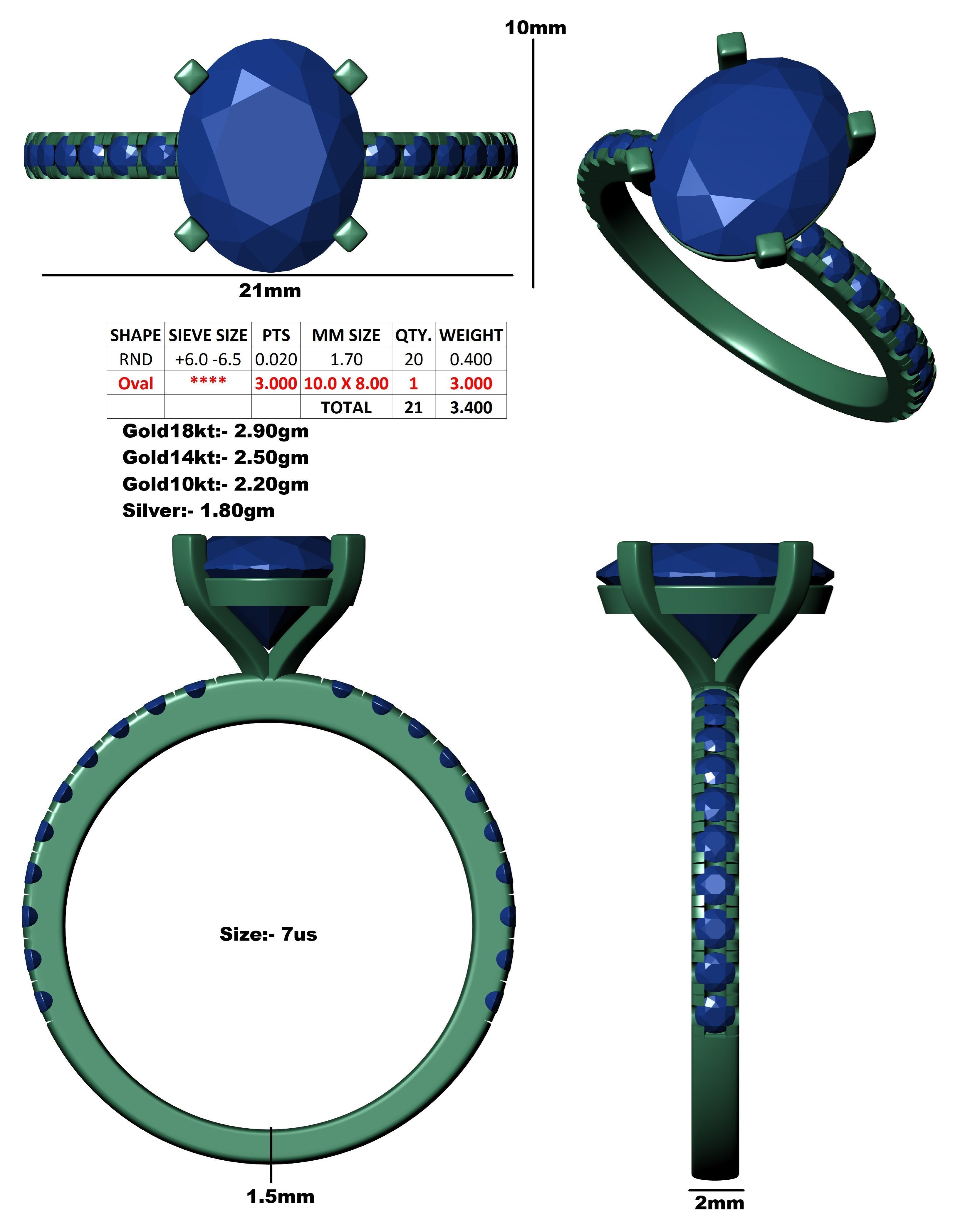 Oval Stone Square Prong Solitaire Ring 3D print model_3