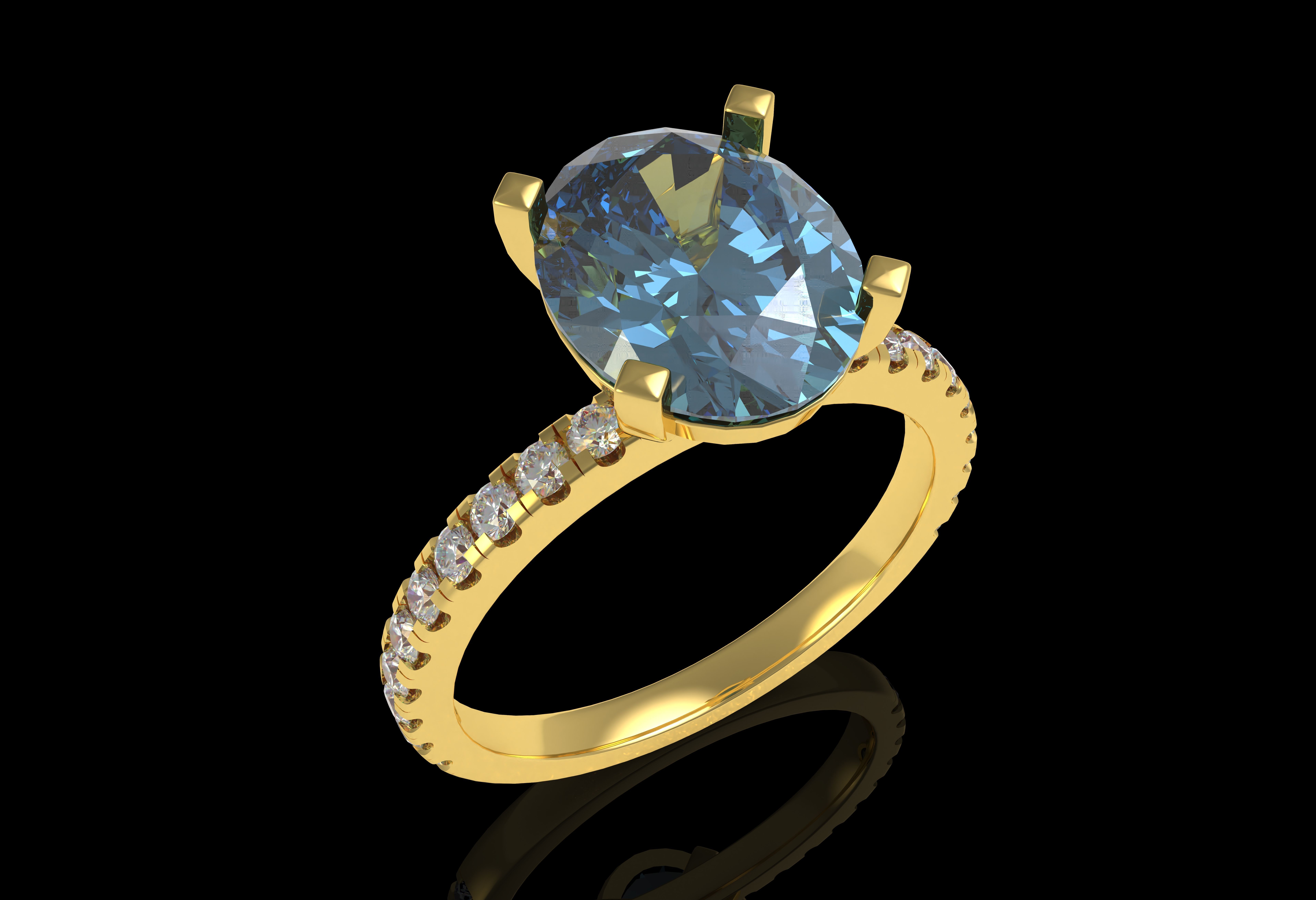 Oval Stone Square Prong Solitaire Ring 3D print model_26