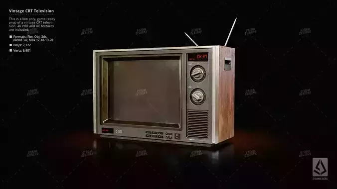 Vintage CRT Television Prop Low Poly PBR UE Textures Low-poly 3D model