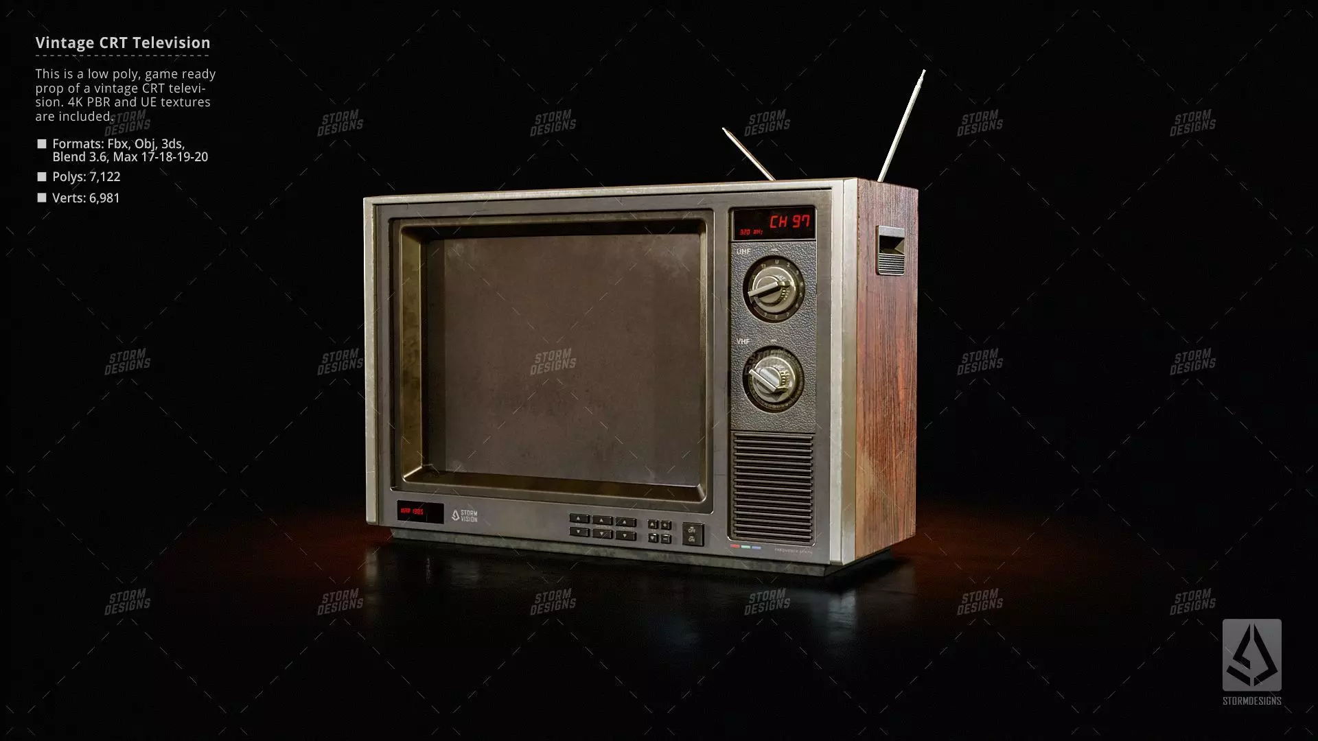 Vintage CRT Television Prop Low Poly PBR UE Textures Low-poly 3D model_0