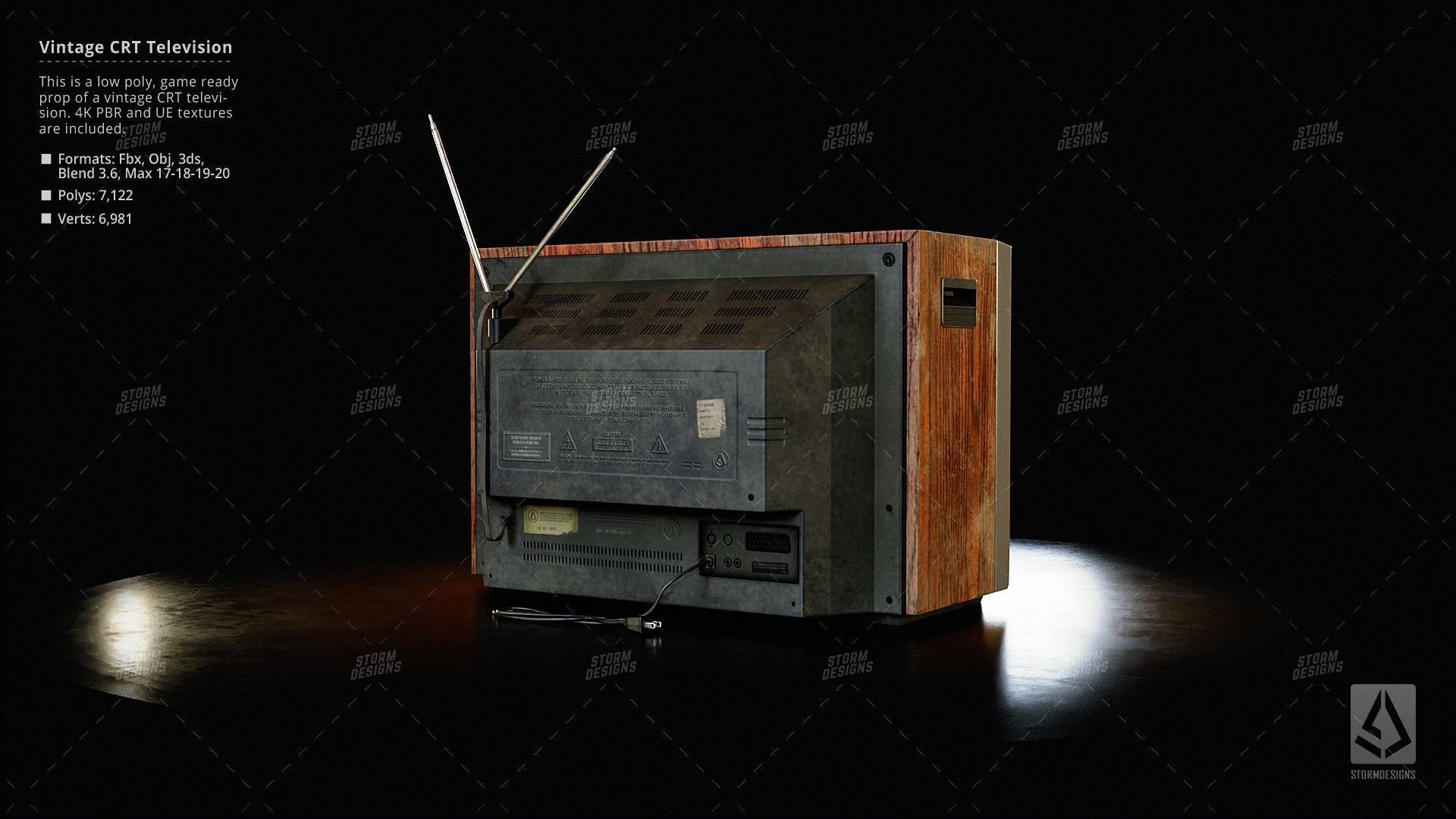 Vintage CRT Television Prop Low Poly PBR UE Textures Low-poly 3D model_5