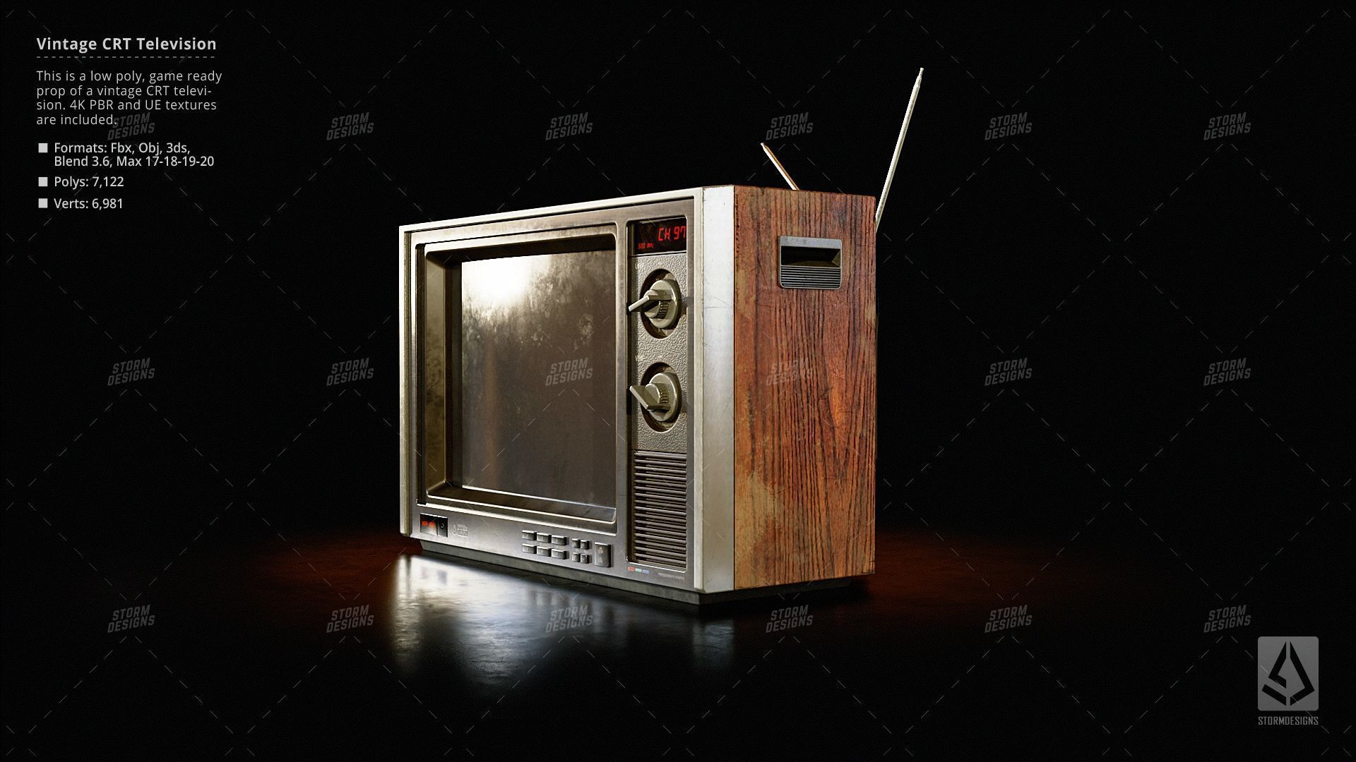 Vintage CRT Television Prop Low Poly PBR UE Textures Low-poly 3D model_2