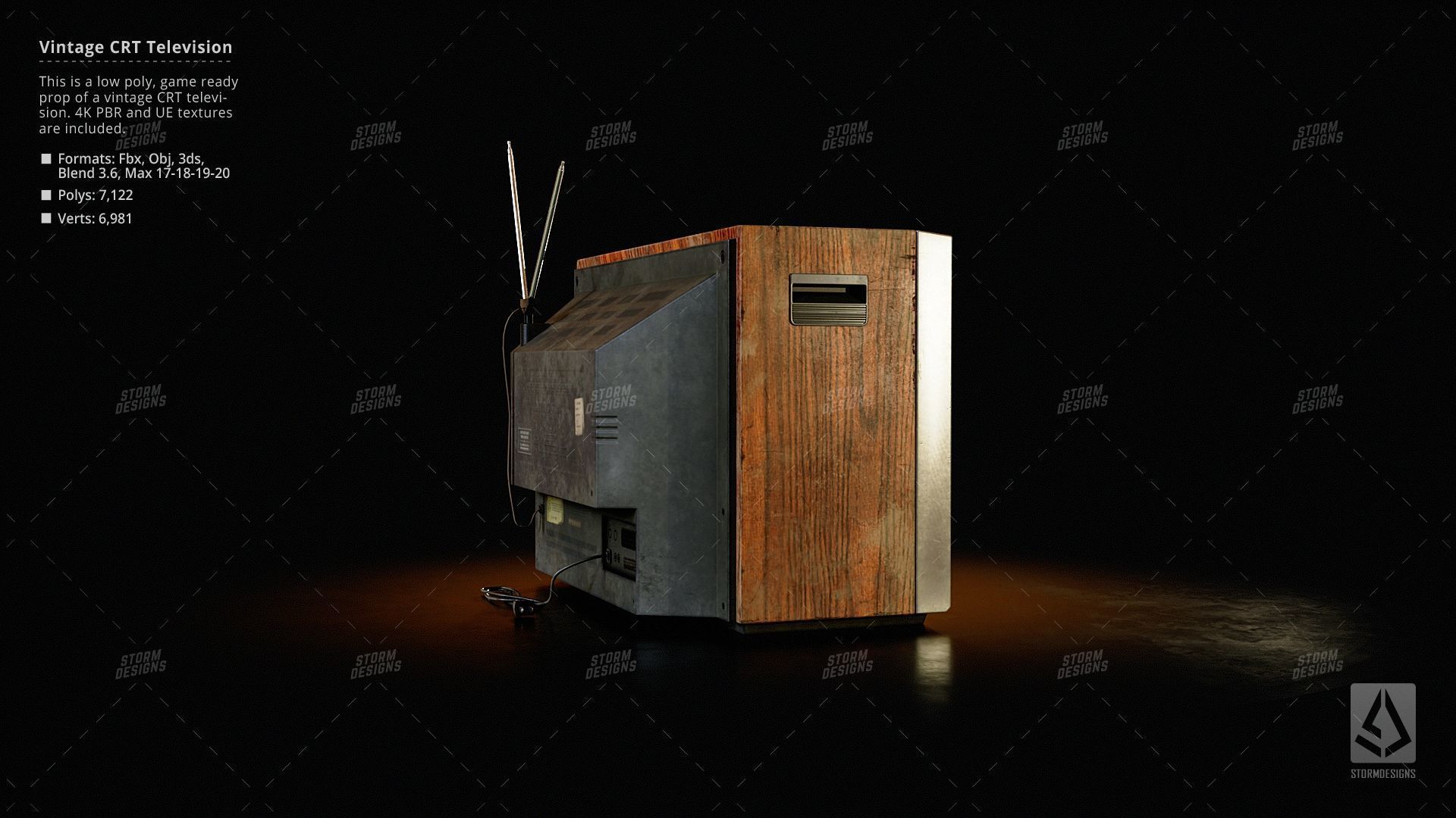Vintage CRT Television Prop Low Poly PBR UE Textures Low-poly 3D model_6
