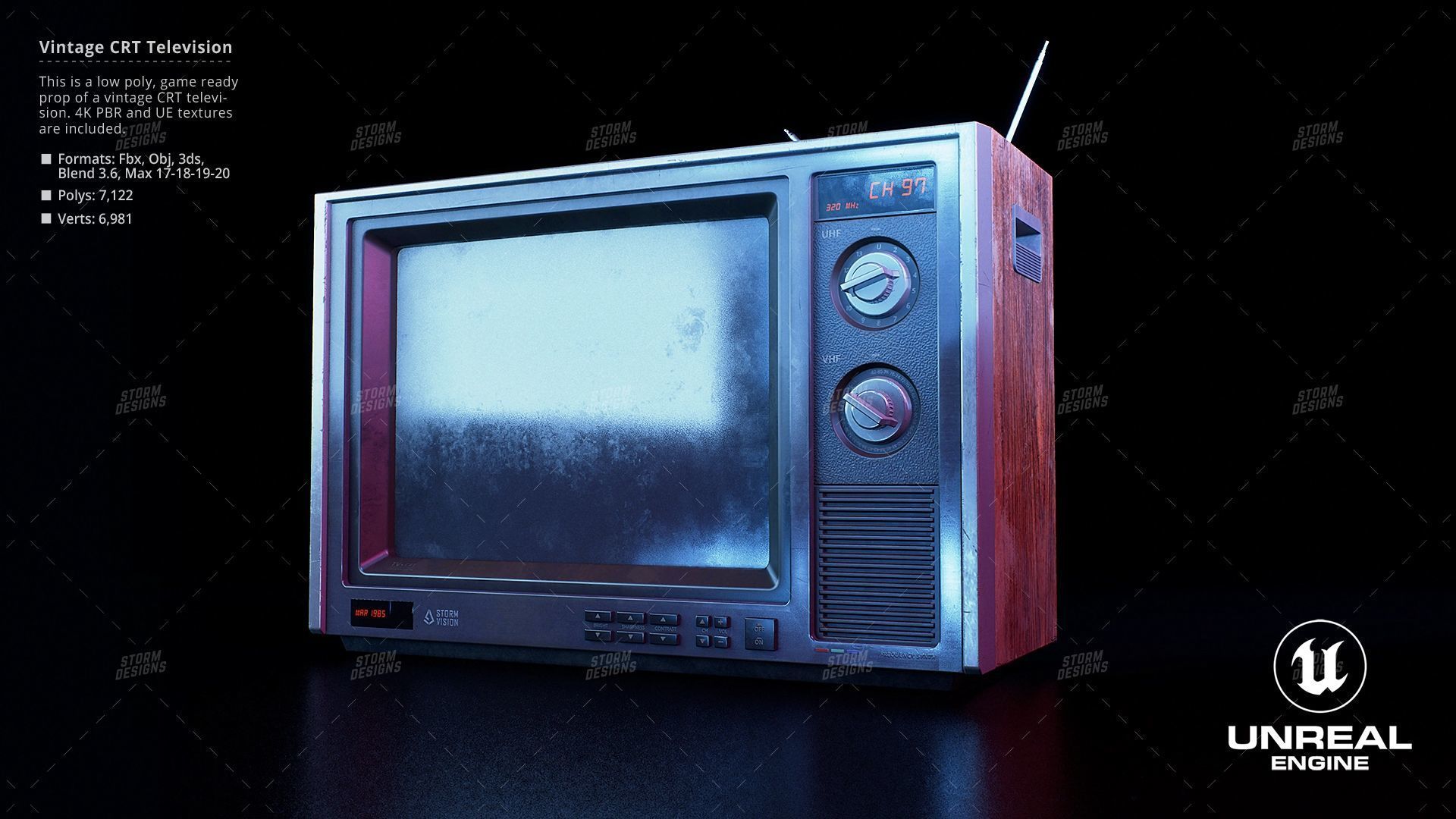 Vintage CRT Television Prop Low Poly PBR UE Textures Low-poly 3D model_10