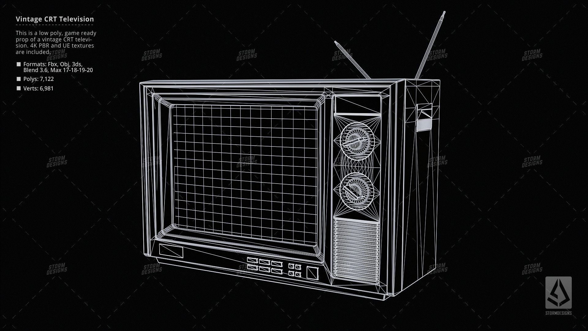 Vintage CRT Television Prop Low Poly PBR UE Textures Low-poly 3D model_11