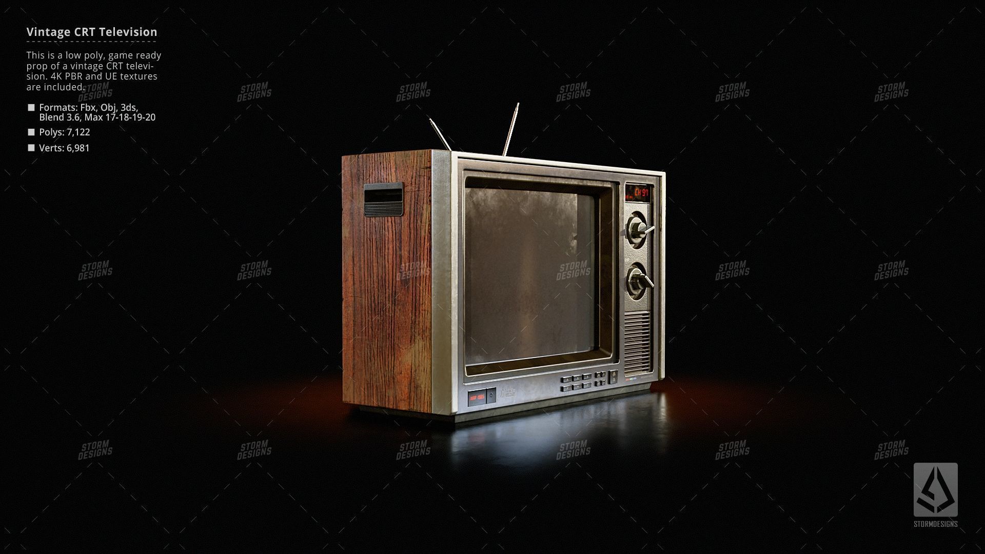 Vintage CRT Television Prop Low Poly PBR UE Textures Low-poly 3D model_7