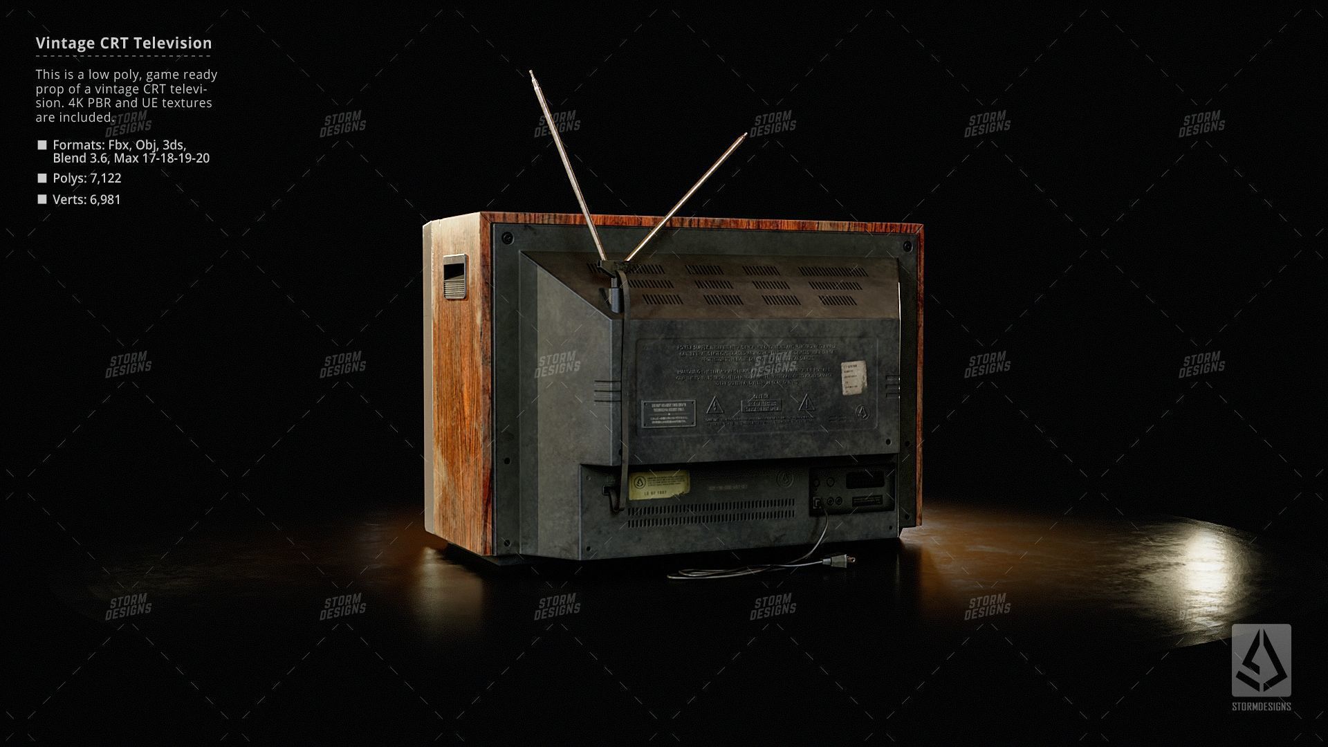 Vintage CRT Television Prop Low Poly PBR UE Textures Low-poly 3D model_4
