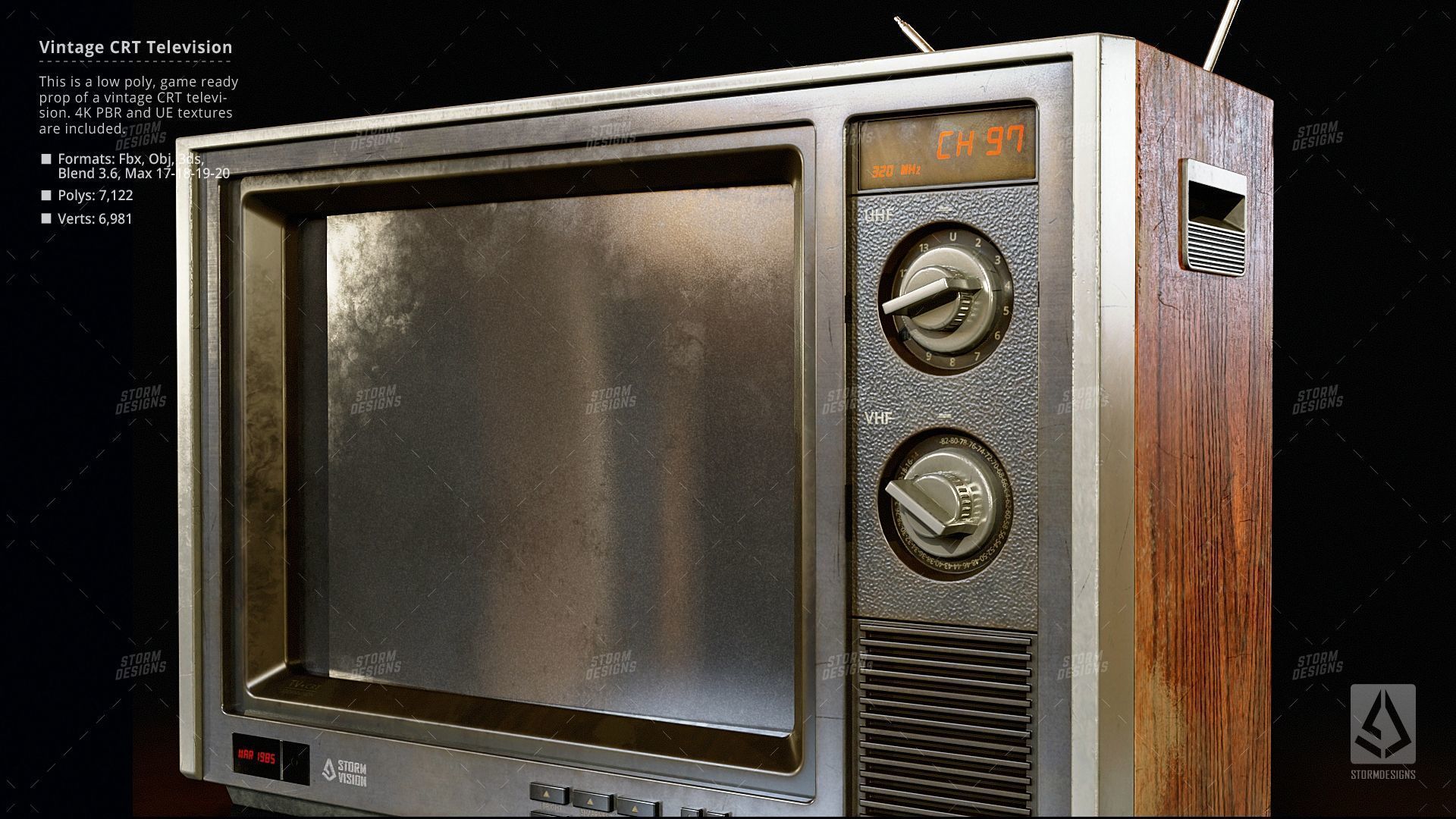 Vintage CRT Television Prop Low Poly PBR UE Textures Low-poly 3D model_8