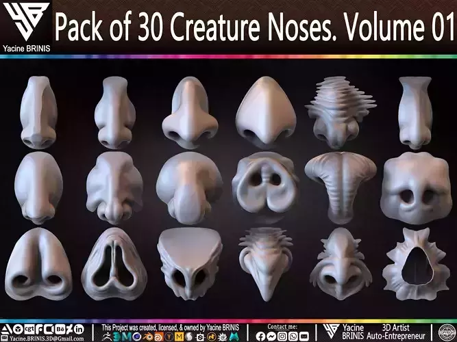 Pack of 30 Creature Noses VDM Brushes Volume 01 Low-poly 3D model