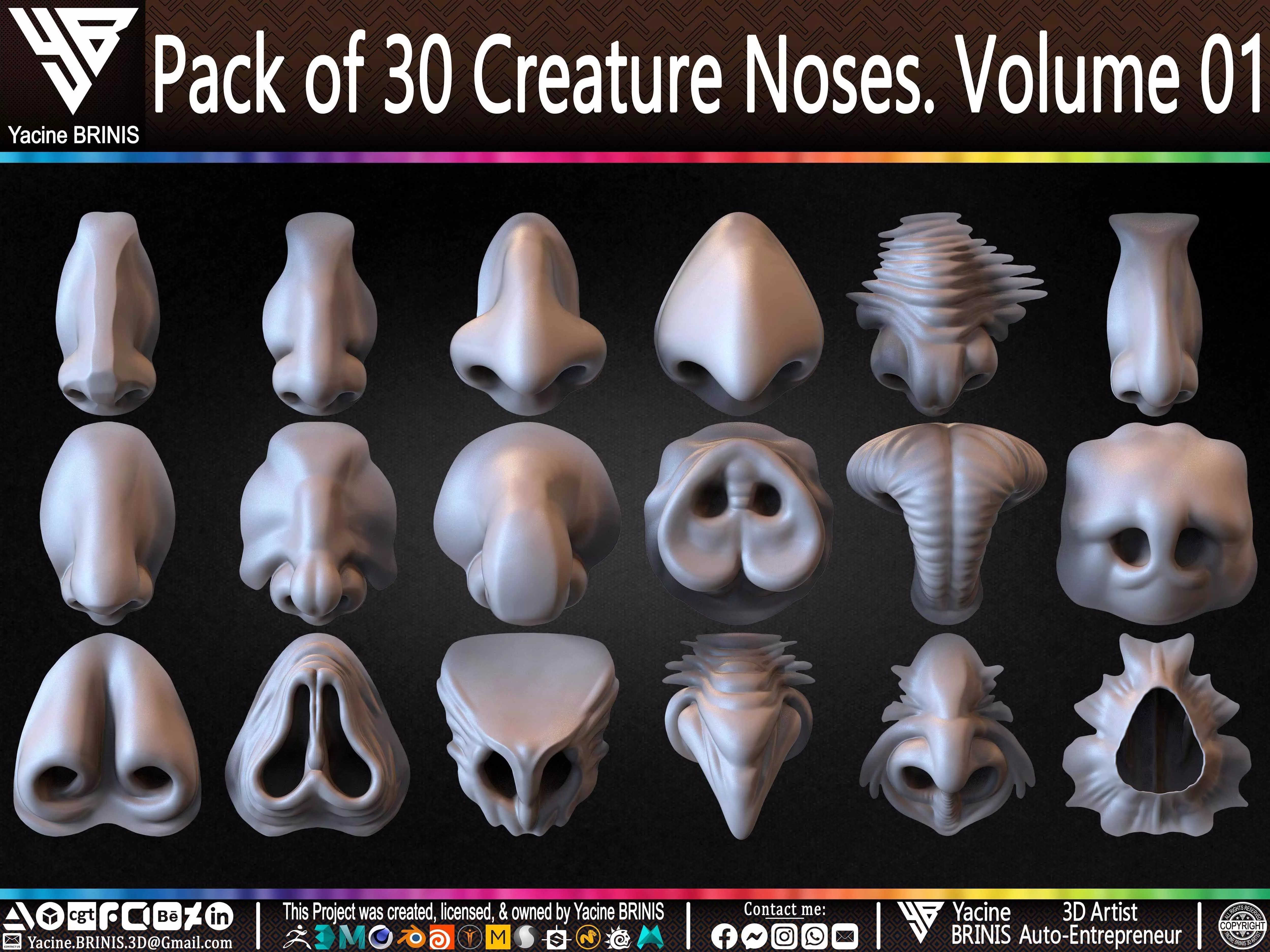 Pack of 30 Creature Noses VDM Brushes Volume 01 Low-poly 3D model_0