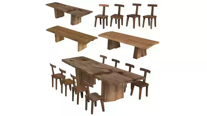 Sculpted Massive Dining Table and Brutalist T-Chair Collection