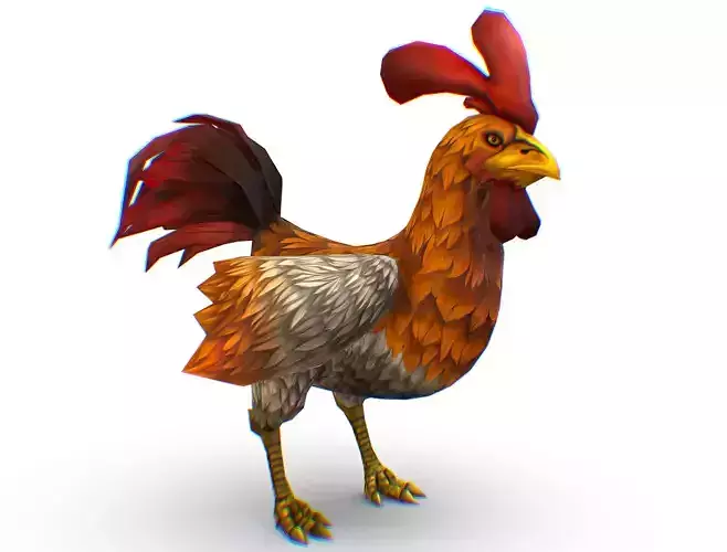 Colorful Rooster With Red Tail Detailed Feathers Low-poly 3D model