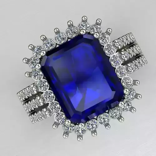 Blue Emerald cut stone with micro halo diamond